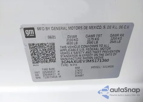 2021 Chevrolet Equinox Awd Lt from USA, damaged, VIN 3GNAXUEV3MS171360